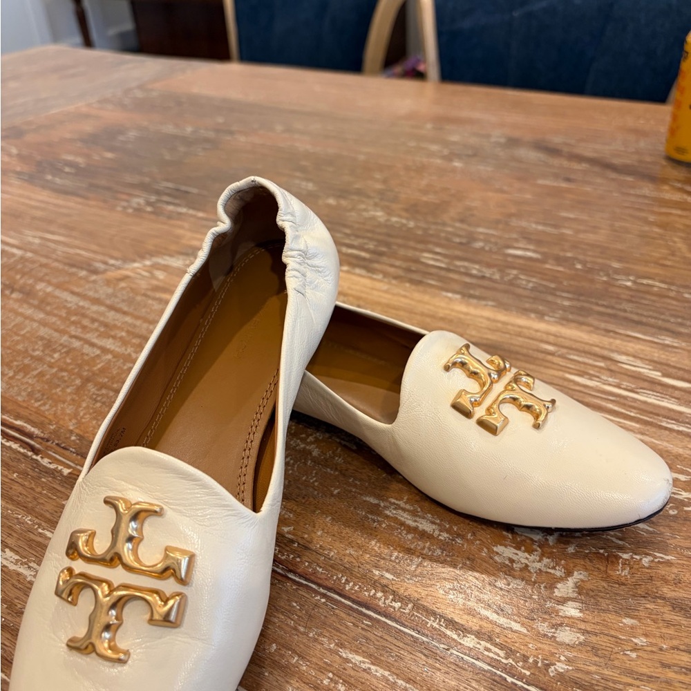 Tory Burch Ivory Flats with Gold Emblem